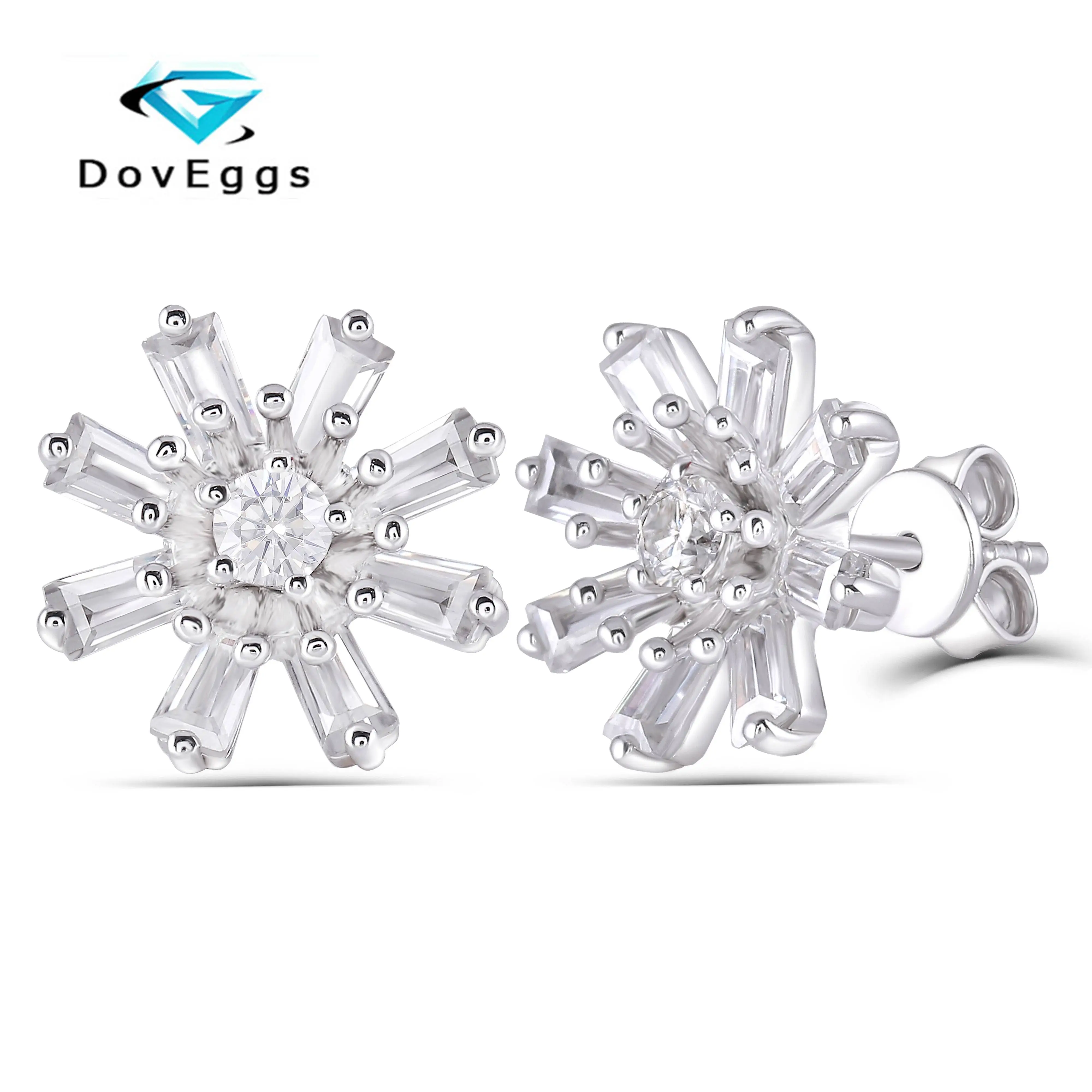 

DovEggs Silver S925 Center 3mm F Color Moissanite with Baguette Accents Snow Stud Earrings Push Back for Women Daily Wear