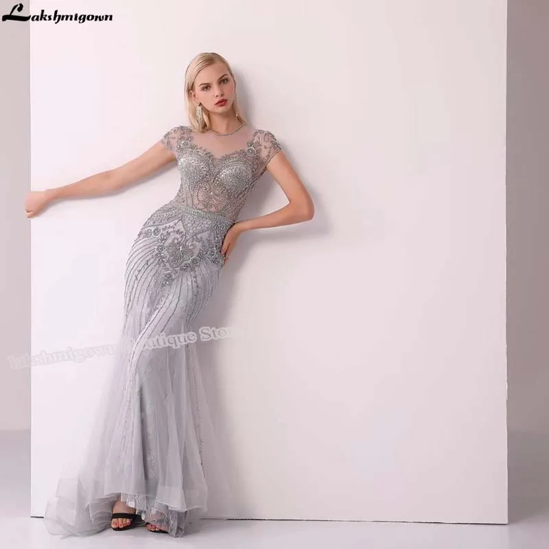 Lakshmigown, роскошное серое вечернее платье из тюля с бисером, квадратный вырез, короткий рукав, Длинные вечерние платья, вечернее платье, vestido longo