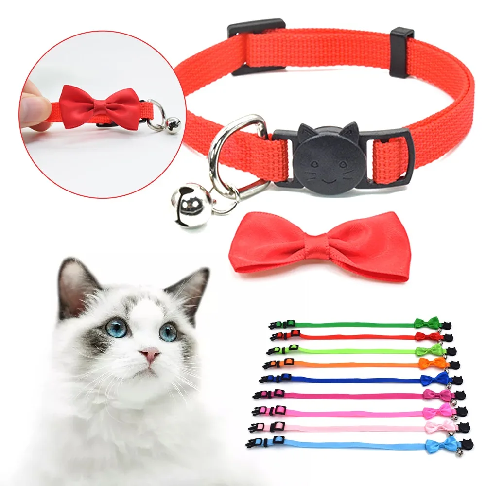 Collar de gato con cascabel y lazo, correa para el cuello, hebilla de poliéster ajustable, correas de nailon, accesorios Multicolor para gato