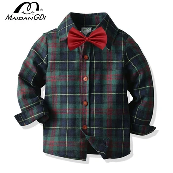 

MAIDANGDI Boys Long Sleeve Shirt Children Brand Clothes 100%Cotton Plaid Bow Tie Gentleman Cardigan Two-piece Set Kids Clothing