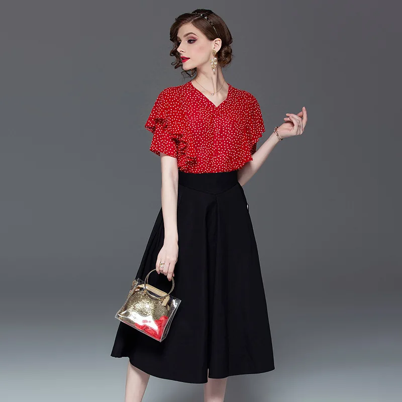 Rok Set Zomer Vrouwen 2020 V-hals Korte Mouwen Ruches Polka Dot Top + Effen Kleur A-lijn Rok 2 Stuks mode Vrouw Kleding Rok Set Zomer Vrouwen 2020 V-hals Korte Mouwen Ruches Polka Dot Top + Effen Kleur A-lijn Rok 2 Stuks mode Vrouw Kleding