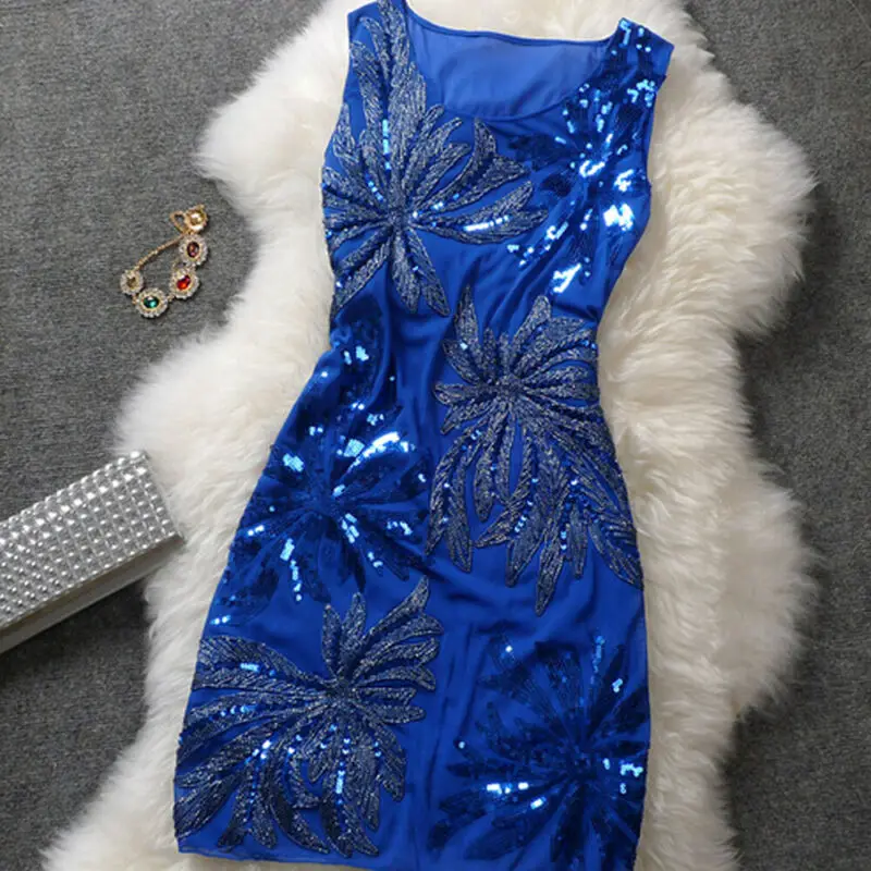 New arrival Women's Elegant Sequin Sleveless Dresss Party Formal Dress Lady Floral Print Round Neck Dress Mini Vestito one size New arrival Women's Elegant Sequin Sleveless Dresss Party Formal Dress Lady Floral Print Round Neck Dress Mini Vestito one size