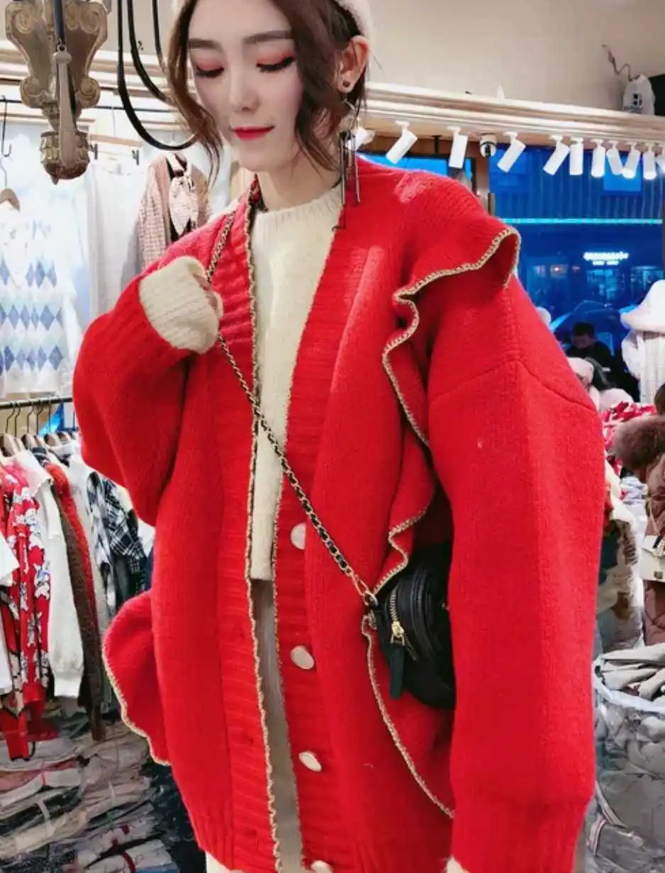 

Ozhouzhan 2019 Spring New Style Button down Gold Rimmed Long Sleeve Collar Lace Knitted Cardigan Sweater Coat Women's