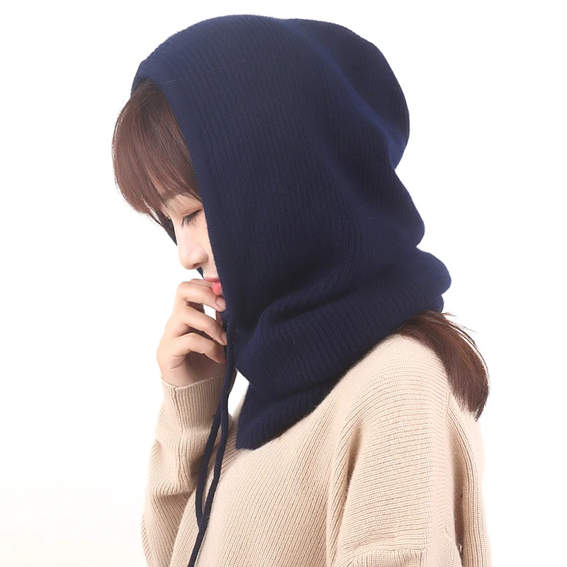 Koop 2019 Merk Ontwerp vrouwen Hooded Sjaal Winter Kasjmier Wol Gebreide Oorklep Hoeden Snood Wraps Solid Haak Sjaals En Muts mannen