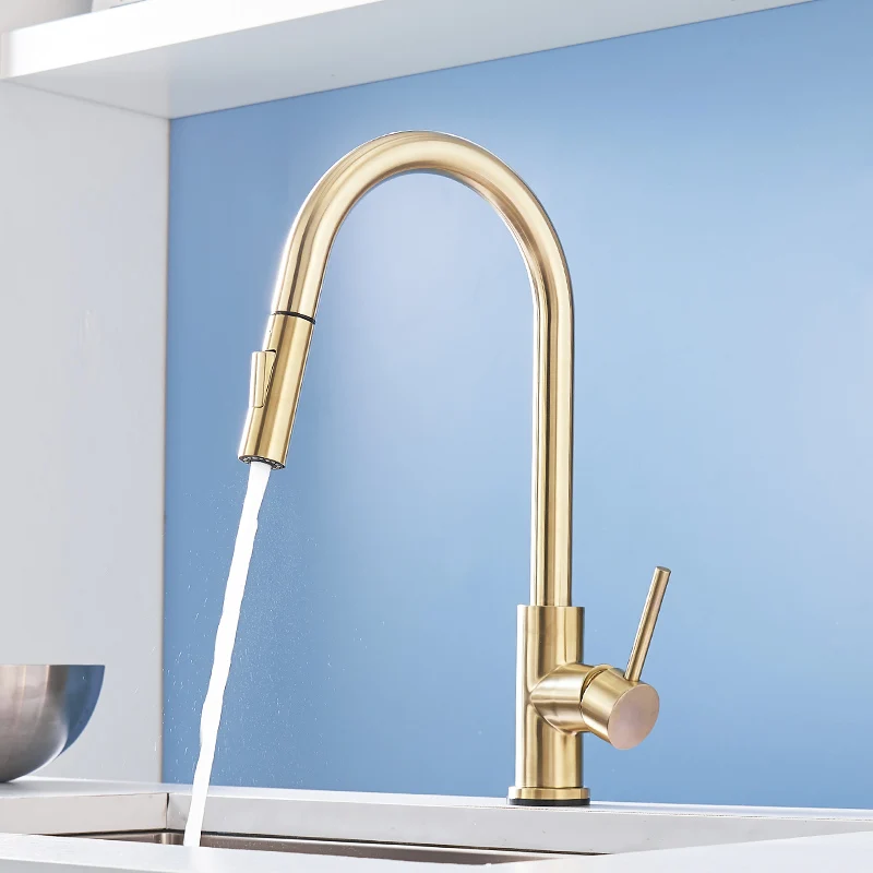 Touch Kitchen Faucet Senducs Pull Down Brushed Sensor Kitchen Mixer Tap Quality 304 Stainless Steel Touch Kitchen Sink Faucets - Color: 1270-A-gold