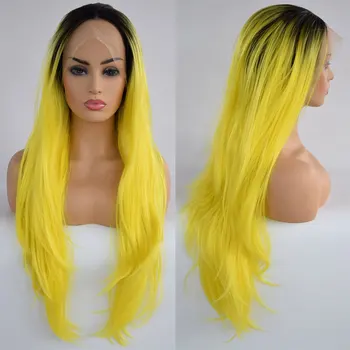 

Dark Roots Ombre Yellow Straight Synthetic 13*3 Lace Front Wig Glueless Heat Resistant Fiber Hair Middle Parting For Women Wigs