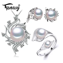 FENASY Свадебные обручальные жемчужные Ювелирные наборы натуральный жемчуг кулон ожерелье Женские Клипсы Серьги вечерние женские Кольцо с двумя жемчужинами