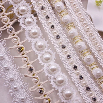 

1yards/Lot White Pearl Beaded Lace Ribbon Lace Trim White Lace Fabric Ribbon Beaded Fringe Handmade Sewing Clothing Accessories