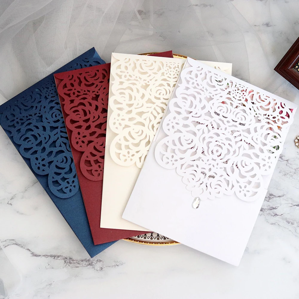  10pcs/set Elegant Lace Pocket Wedding Invitations Card Business Invitation Square Laser Cut Customi - 4.00028E+12
