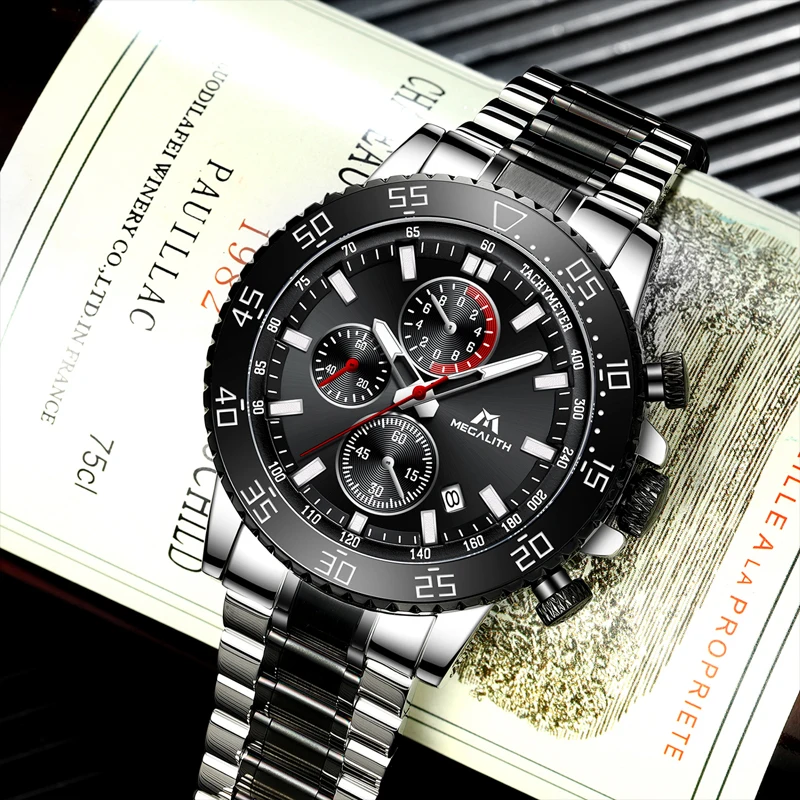 Megalith Military Watches Men Stainless Steel Band Waterproof Quartz Wristwatch Chronograph Clock-4