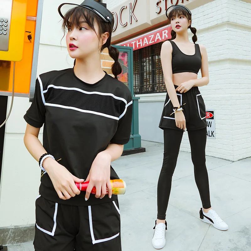 

2019 New Style Spring Summer Workout Clothes Women's Four-piece Set-Short Sleeve Quick Drying Clothes Profession Sports Yoga Clo
