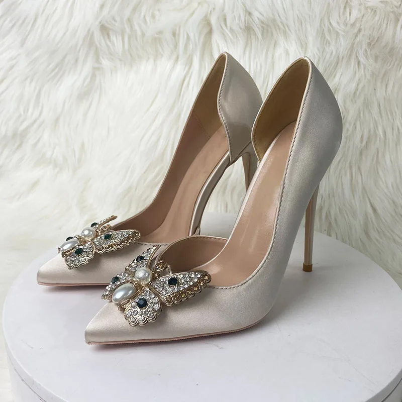 

Nude silk bow pearl decorate women stilettos pointed toe 12cm 10cm 8cm high heel work concise daily wear pumps BM034 ROVICIYA