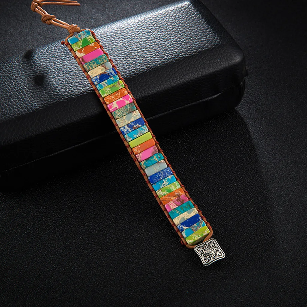 Многоцветный Браслет Boho с натуральным камнем, браслет чакра, браслет, Прямая поставка, один кожаный браслет, мощное ювелирное изделие