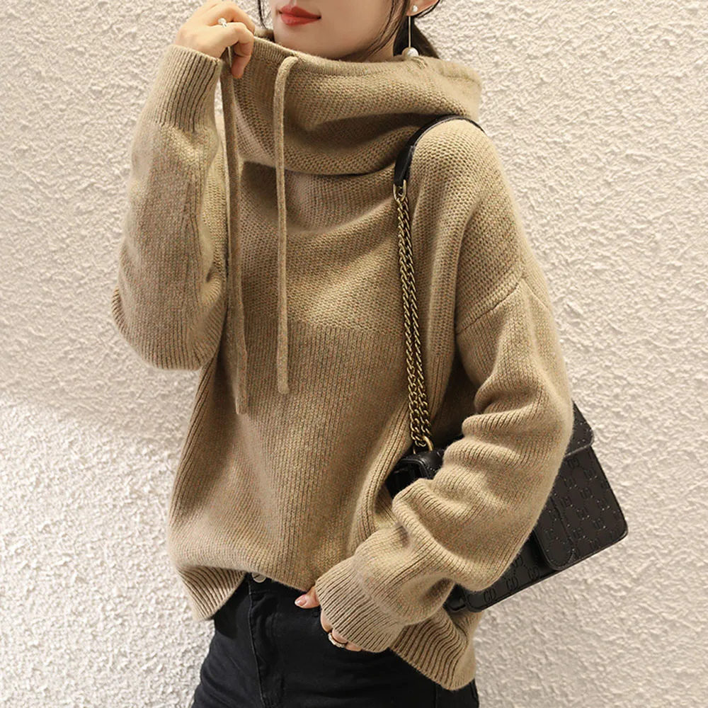 

Sweater 2020 Autumn Winter Women Casual Solid Hoodied Long Sleeve Casual Loose Long Knitwear Ladies Sweet Streetwear Pulloves