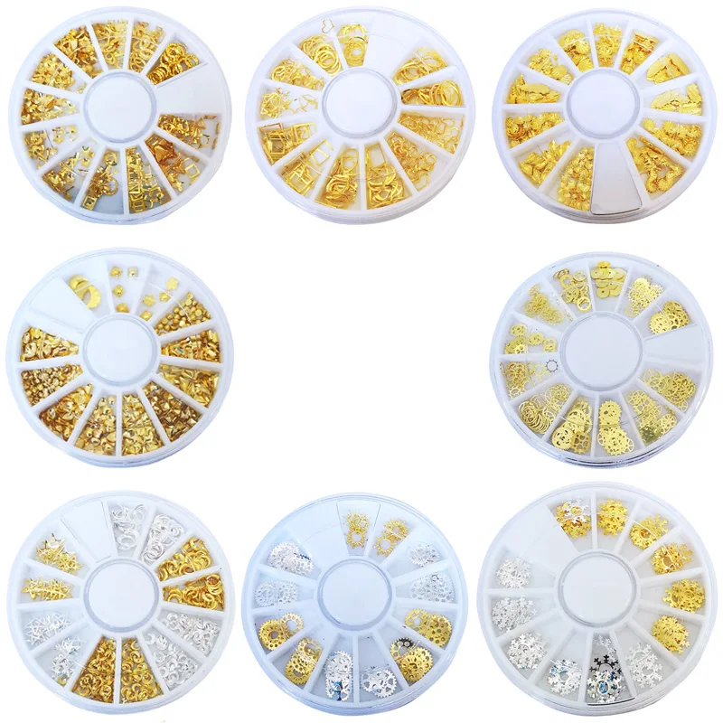 

QIAOQAIO Nail Studs Geometry Rivet Rhinestones Flat Bottom Gold Decoration in Wheel Manicure 3D Nail Art Decoration DIY Tips