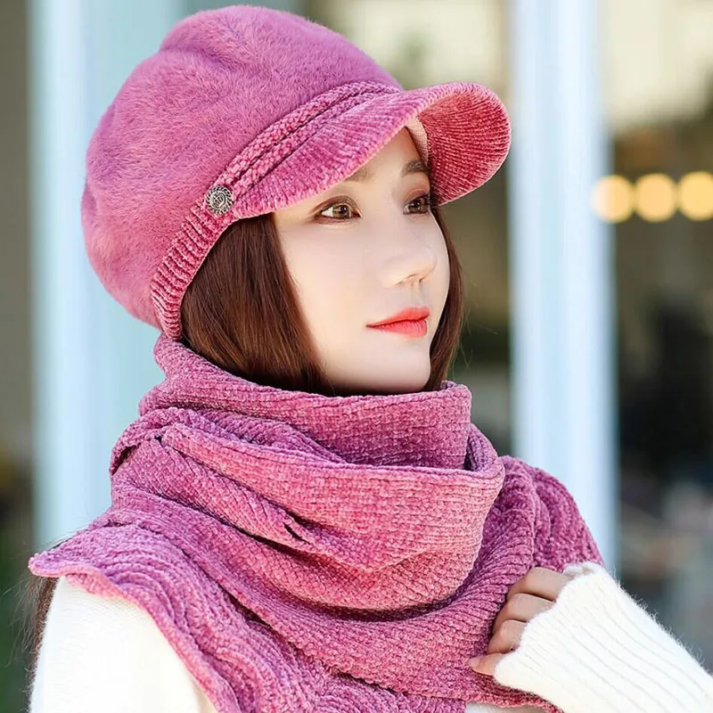HANGYUNXUANHAO Women French Beret Hat Scarf Set Winter Warm Lady Hat Chenille Elegant Beanie Cap