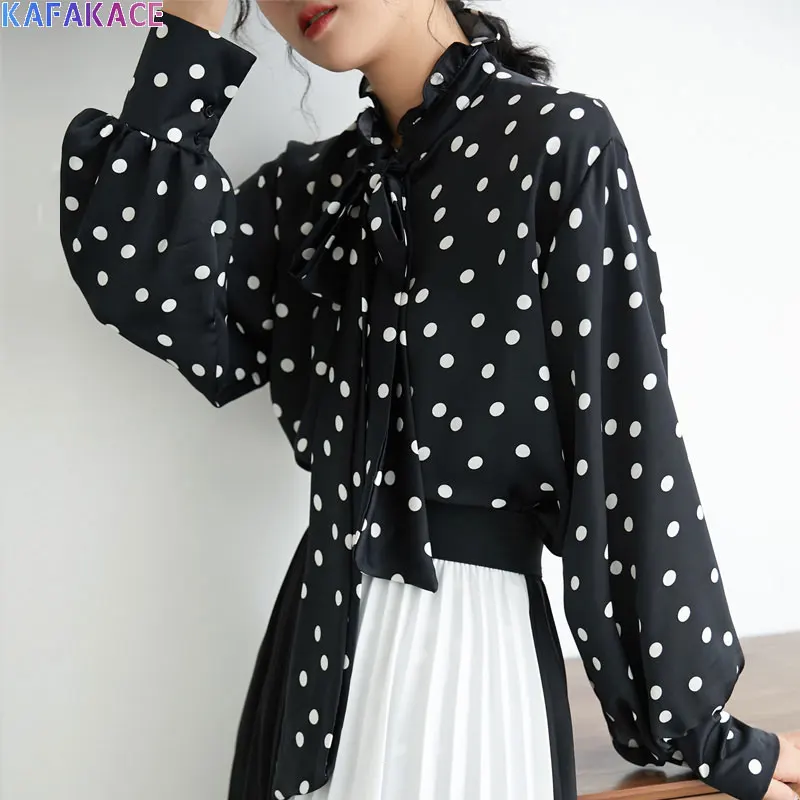 

KAFAKACE 2020 Women Chiffon Blouse Polka Dot Print With Tie Vintage Blouse Summer O-Neck Black Loose Casual Spring Style Shirts