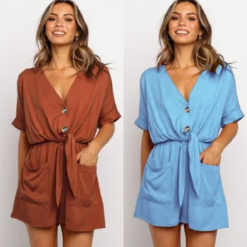 

2020 Fashion Summer Lace-up Loose Jumpsuits Casual V-neck Short Sleeve Short Pants Button Elegant Tight Waist Slim Rompers