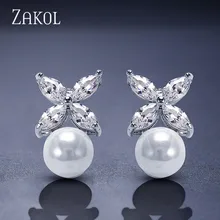ZAKOL Лидер продаж Белый Цвет Кристалл Циркон цветок серьги гвоздики имитация жемчуга Свадебные ювелирные изделия Boucles d'oreuilles FSEP525