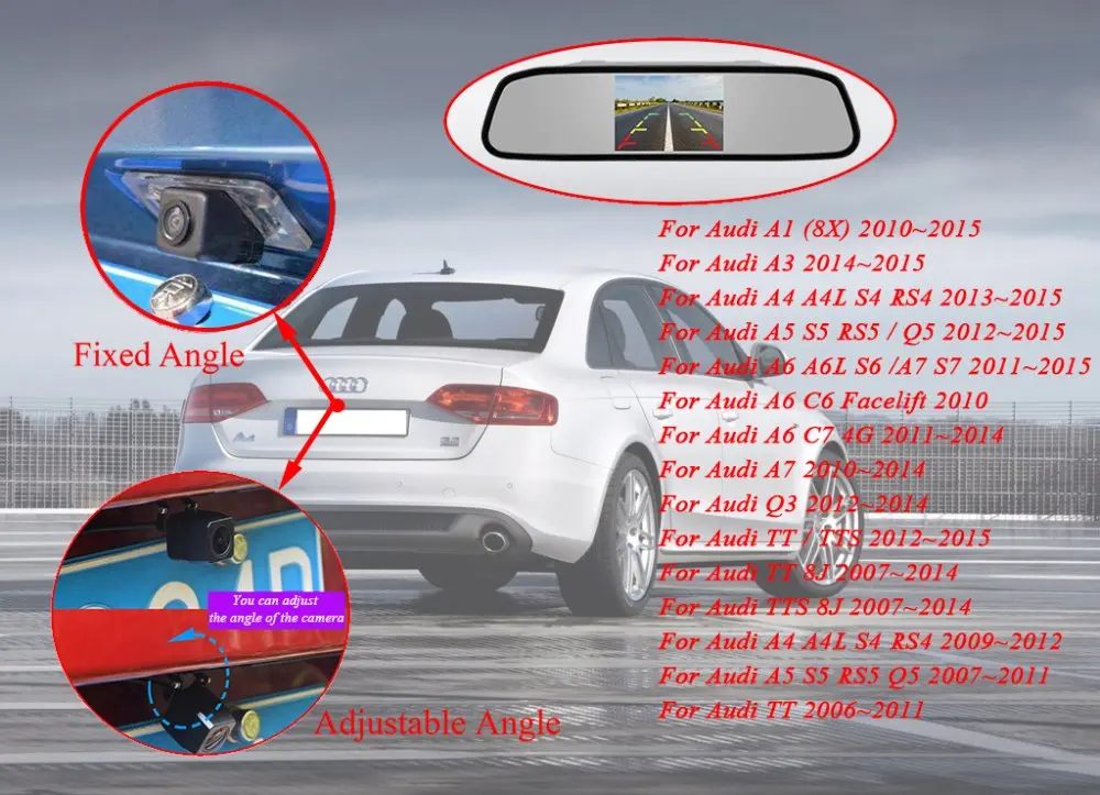 Car 4.3 inch TFT in-Mirror Monitor and LED Adjustable Angle Rear View Camera for Audi A1 A4 A4L S4 RS4 A5 S5 RS5 Q5 A6 A6L S6 A7