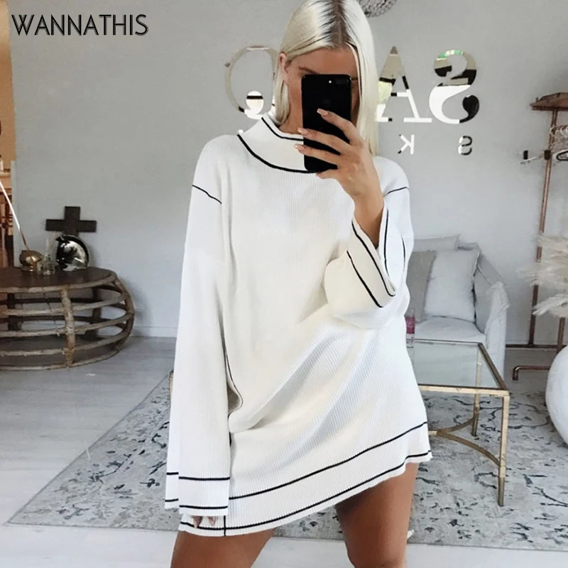 WannaThis Высокий воротник с длинным рукавом женское платье Ребристое трикотажное