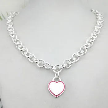 

Silver plated necklace classic fashion pink enamel heart pendant necklace jewelry, holiday gifts