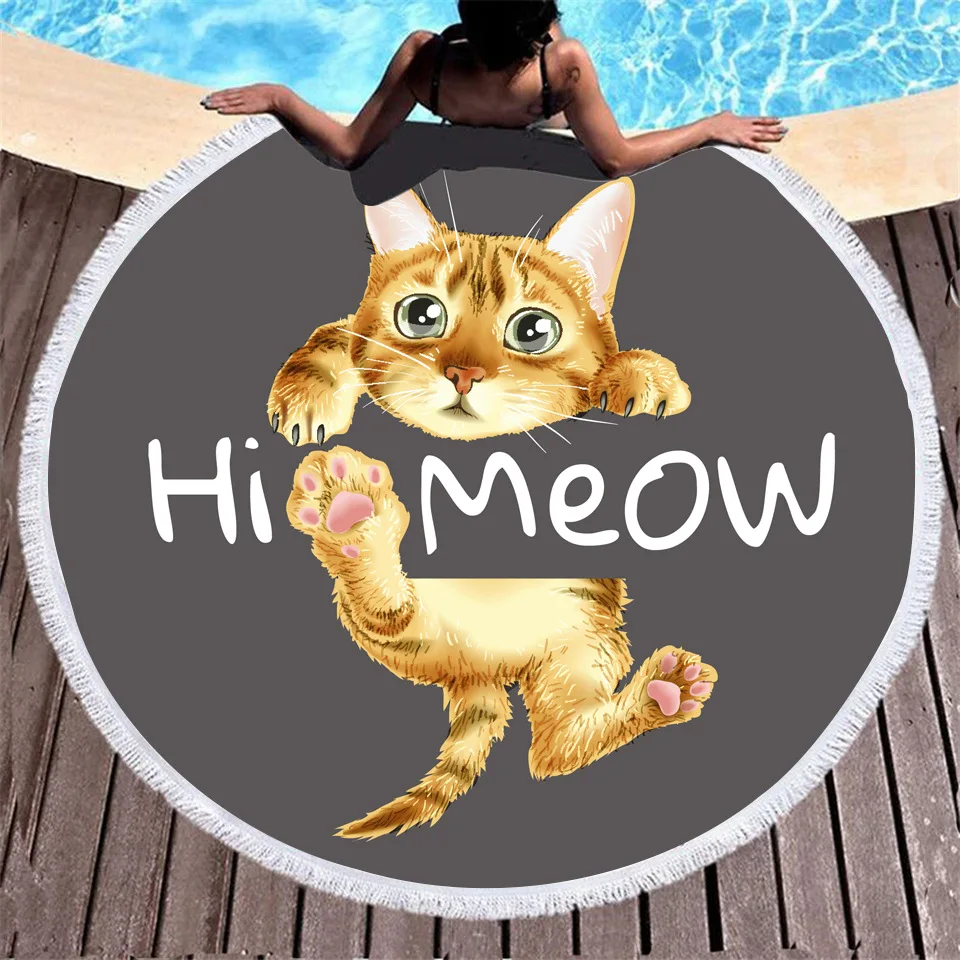 ONGLYP Round Beach Towel Cute Cat Microfiber Blanket Bath Yoga Mat Cartoon Tapestry Wall Hanging Bedroom Decor |