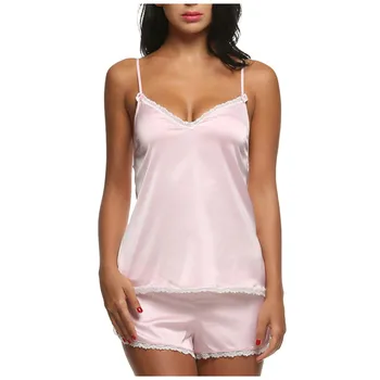 

2020 Women's pijama Sleepwear Sexy Satin Pajama Set V-Neck Pyjamas Sleeveless Cute Cami Top and Shorts pyjama femme #35