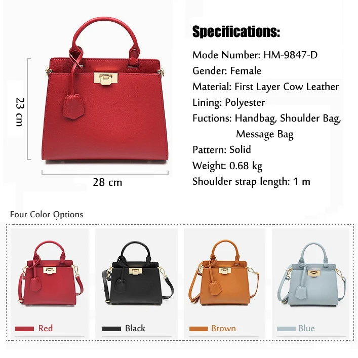 Fashon Women Totes Cow Genuine Leather Handbag Ladies Shoulder Memssage Bag Red