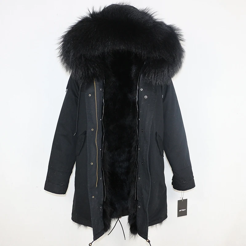 full black D Женская парка на натуральном меху OFTBUY, черное пальто с натуральным лисьим мехом, с капюшоном с отделкой из меха енота, толстая теплая уличная одежда, зима - Цвет: full black D