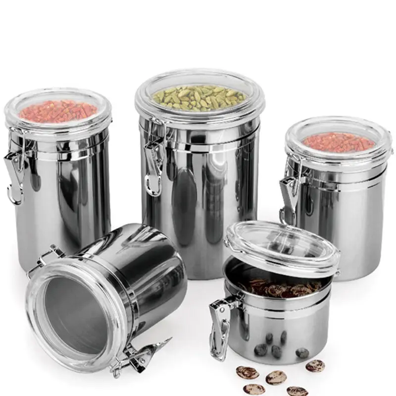 

Four Size Stainless Steel Airtight Sealed Canister Coffee Flour Sugar Tea Container Jars Holder Sealed Can Storage Box No Toxic