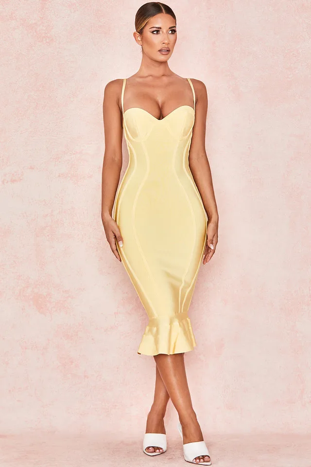 

Summer Style Sexy V Neck Mermaid Yellow Bandage Dress 2019 Designer Fashion Party Dress Vestido