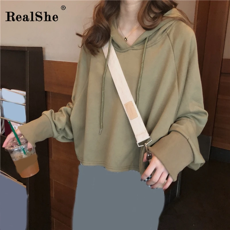 RealShe Женская толстовка с капюшоном и длинным рукавом, однотонные Свободные теплые толстовки для женщин, весенне-осенние повседневные худи