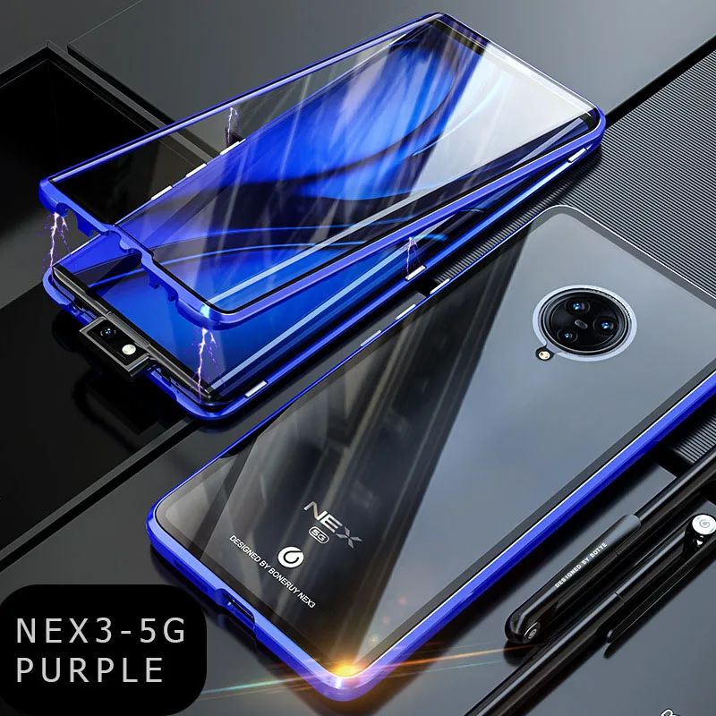 Новое поступление чехол для Vivo Nex 3 закаленное стекло мобильного телефона крышка для Vivo Nex3 магнит алюминиевый бампер чехол для Nex3 - Цвет: Blue
