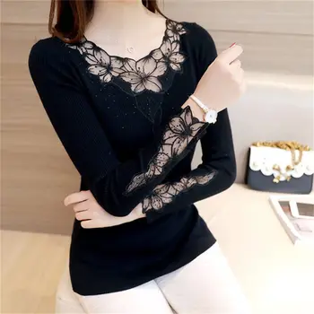 

Korea Fashion Autumn Winter Solid Pullovers Sweaters Women Spring Sexy Black Embroidery Lace Slim Knitted Sweater Female Tops