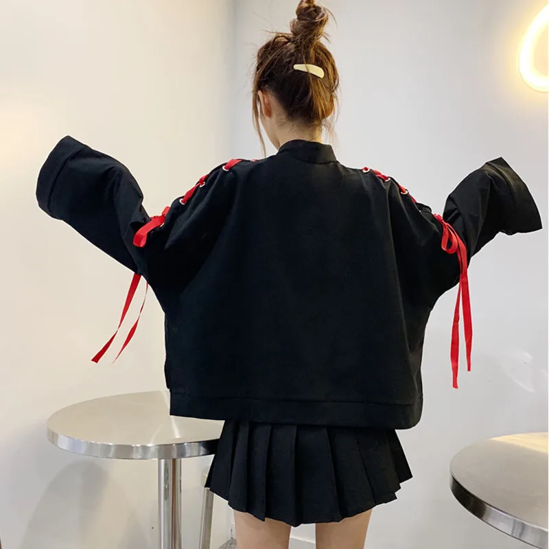 Японский мультфильм лиса девушка печати балахон Harajuku для женщин Готический ленты на шнуровке с расклешенными рукавами Kawaii плюс бархат пуловер Толстовка