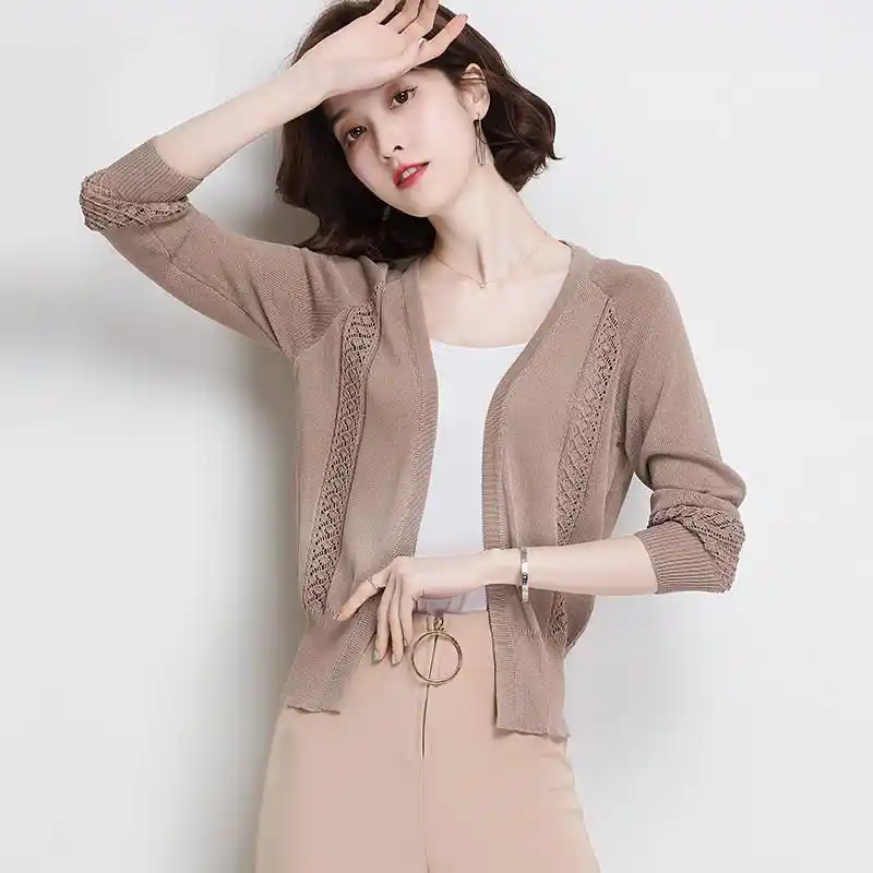 女性 女性の夏カーディガンニットオフィス薄い V ネックボタン固体カーディガントップ長袖夏 D27 Aliexpress