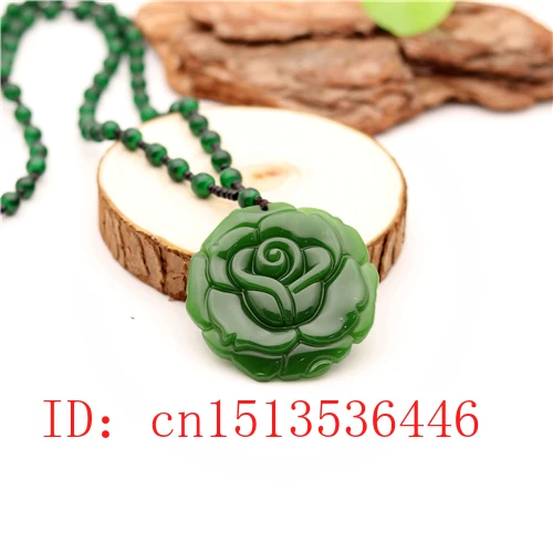 Carved Rose Jade Pendant Natural Chinese Green Beads Necklace Charm Jadeite Jewellery Fashion Lucky Amulet Gifts for Women