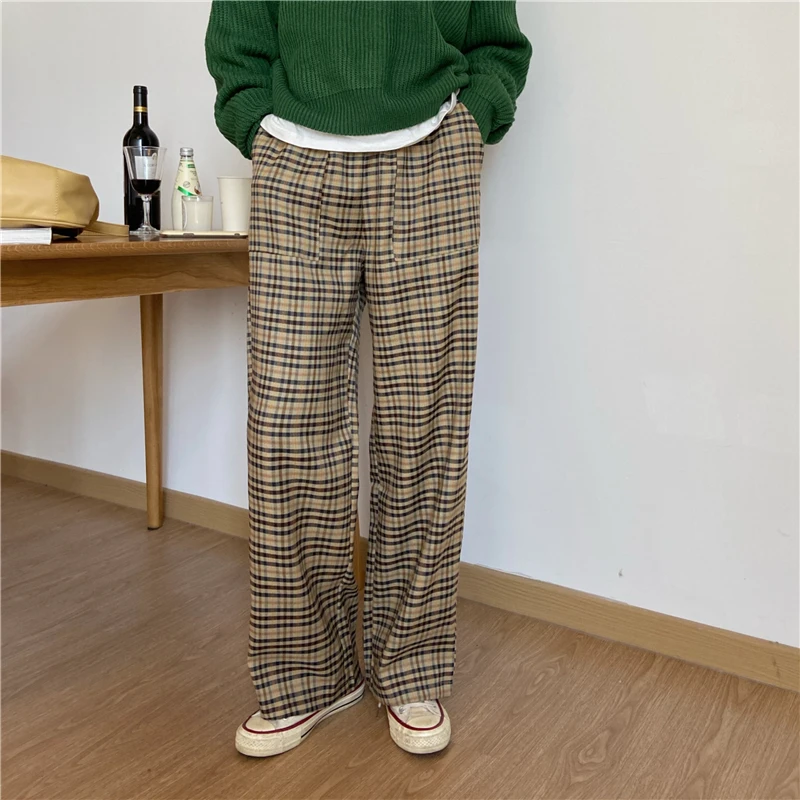 Plaid Pants Women Spring Straight Leg Pants Vintage Elastic High Waist Checkered Pants Casual Streetwear Trousers