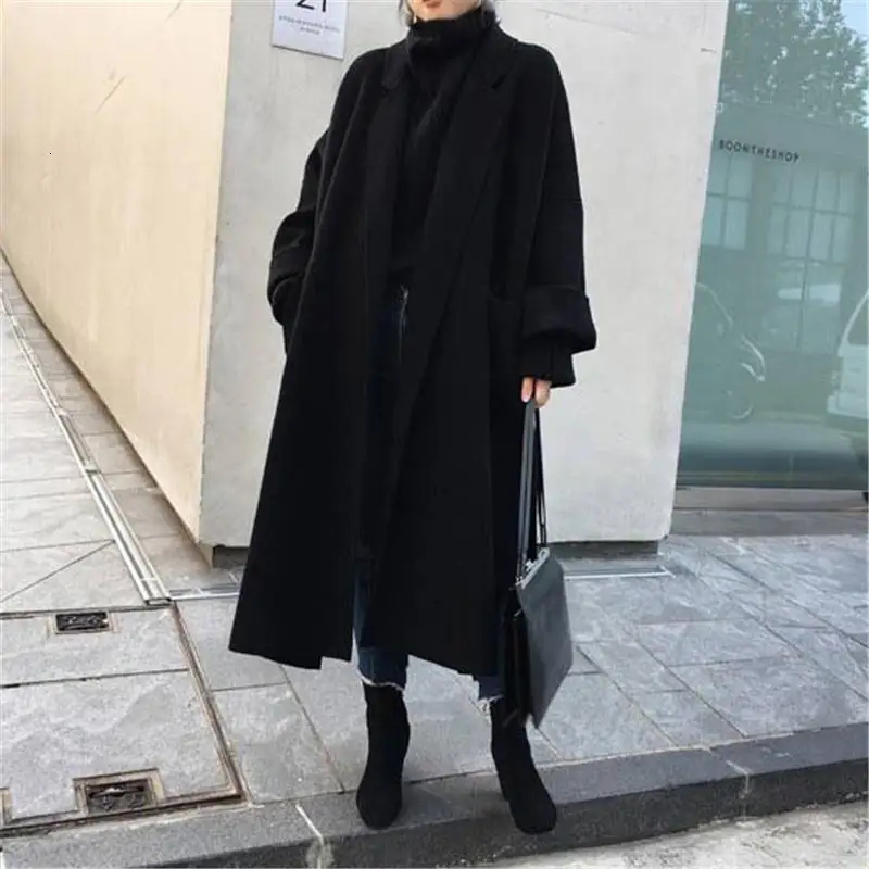 black Новые женские свободные модные теплые толстые длинные зимние шерстяные пальто женские пояса элегантные большие размеры тонкий кашемир Смеси куртки B30 - Цвет: black