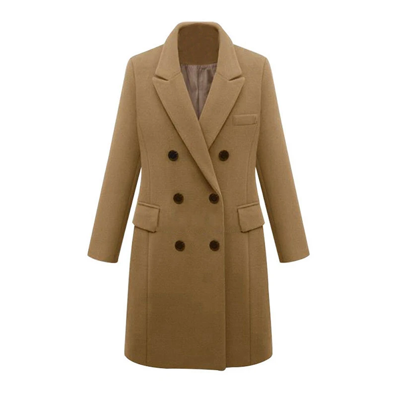 Длинное шерстяное пальто с лацканами размера плюс 5XL, тонкий Тренч, двубортная куртка с карманами, зимняя теплая верхняя одежда для женщин и девушек