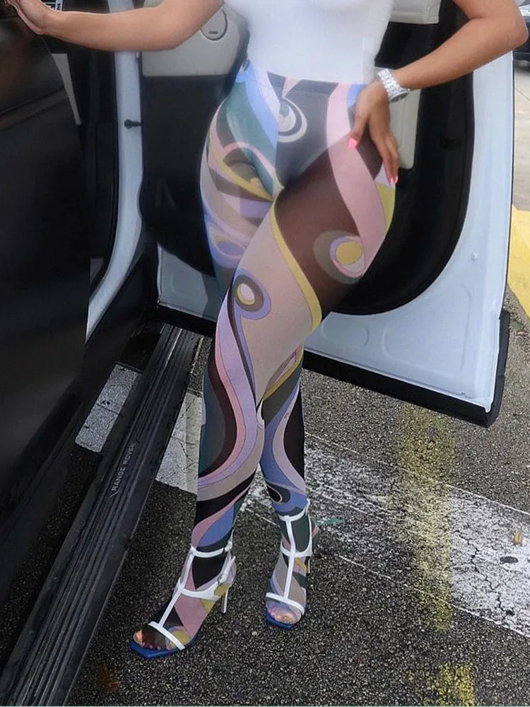 

Joskaa Women Sexy Leggings High Waist See Through Fishnet Mesh Colorful Print Transparent Club Punk Streetwear Pants