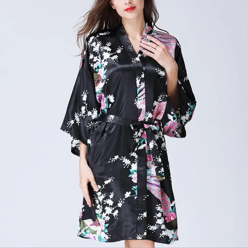 Robe Summer Fashion Sexy Silk Dress Like Pajamas Spring Cardigan Kimono Bathrobe Printing Nightdress Women | Женская одежда
