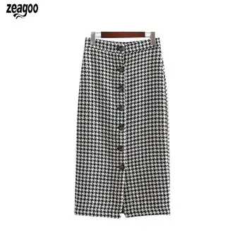 

Women Office Lady Retro Style Houndstooth Buttons Straight Mid-Calf Casual Skirt Natural Single Breasted