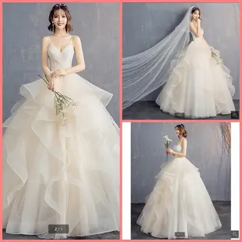 

2020 new arrival ball gown ruffled long wedding dress spaghetti straps v neck pleated gorgeous bridal gowns hot sale