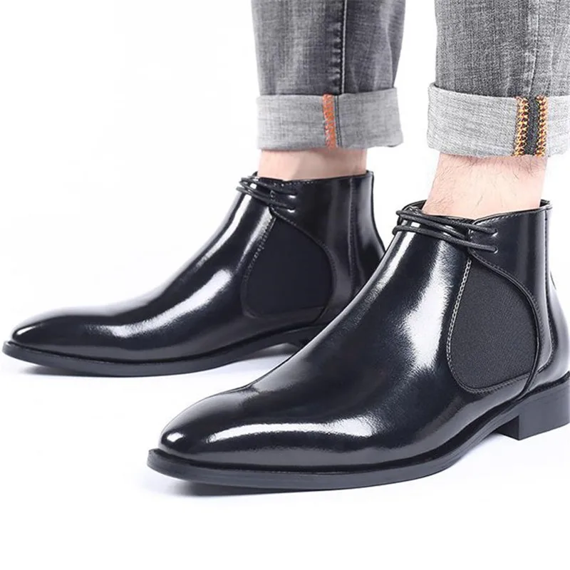 Botines de charol brillante para hombre, zapatos de vestir con cordones,  estilo romano, puntiagudos, Chelsea, de negocios|Botas básicas| - AliExpress