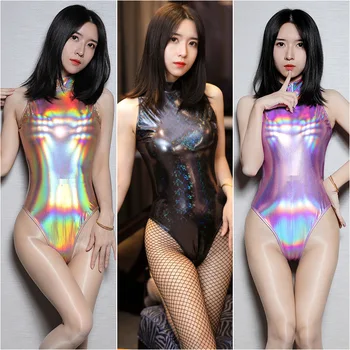 

Wetlook PU Bodysuit Turtleneck High Cut Sexy Laser Cosplay Shiny Swimsuit PVC Catsuit Bathing Suit Women Swimwear One Piece Body