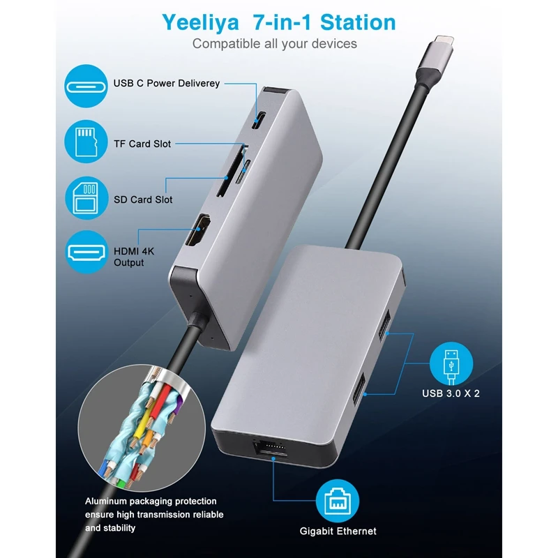7 в 1Hub Тип C док-станция к HDMI гигабитная сеть USB3.0+ SD/TF PD кардридер концентратор