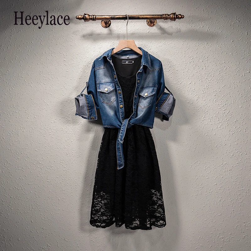 

Plus Size Two-piece Set Women Autumn 2019 Female Dress Fat Sister Sleeveless Lace Mesh Dress+Denim Jacket Highstreet Suits 5XL
