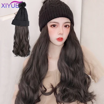 

XIYUE Long Curly Synthetic Hair Wig Winter Elastic Knitted Hat Beanie Attached Knit Skiing Cap For Girl Hang out Cotton fabrics
